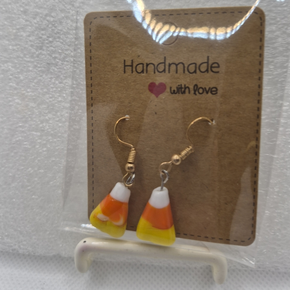 Handmade Candy Corn Drop Earrings in White, Orange & Yellow